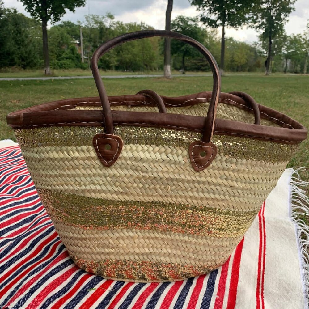 NWT French basket with genuine leathers handles beach basket - Picture 1 of 4